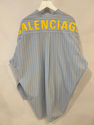 Balenciaga Light Blue Tie-Neck Oversized Shirt with Yellow Logo Detail Size FR 34 (UK 6)