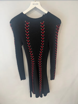 Alexander McQueen Fall 2017 Black Knit Ribbed Mini Dress with Red Leather Tie Details Size S (UK 8) RRP £2,800