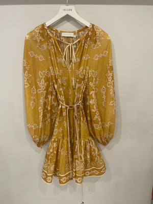 Zimmermann Yellow Silk Mini Raie Dress with White Floral Print and Beaded Belt Detail Size 0 (UK 8) RRP £850