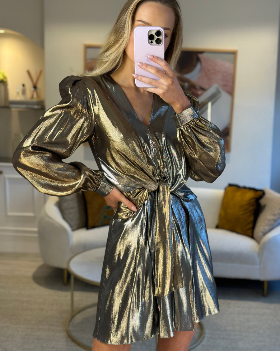 Alberta Ferretti Gold and Silver Metallic Long-Sleeve Mini Dress Size IT 42 (UK 10)