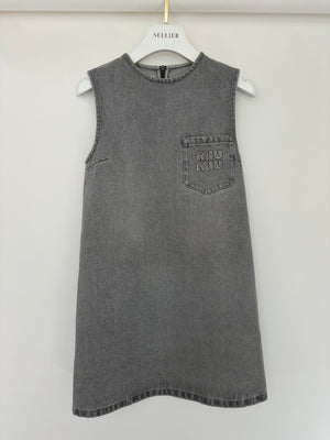 Miu Miu Grey Denim Sleeveless Shift Dress with Pocket and Logo Detail Size IT 36 (UK 4)