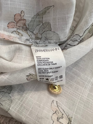 Zimmermann White Short-Sleeved Blouse with Multi-Colour Floral Print and Scalloped Detail Size 0 (UK 8)