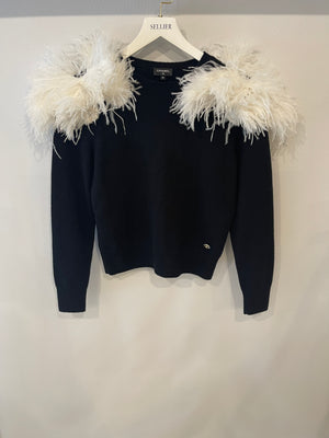 Chanel A/W 2023 Black Cashmere Jumper with White Ostrich Feathers Size FR 36 (UK 8)
