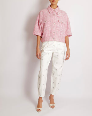 Chanel Pink Tweed Cropped Jacket with Pink Mother of Pearl and Silver CC Logo Buttons and Camellia Brooch Size FR 46 (UK 18)