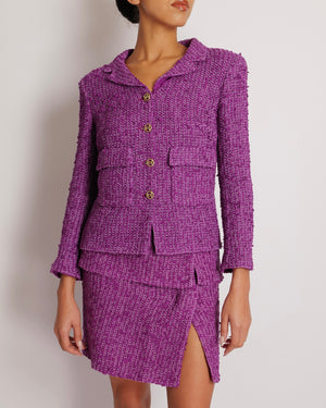 Chanel Cruise 2021 Purple Tweed Jacket and Mini Skirt Set with Gold Glitter CC Button Details Size FR 34/36 (UK 6/8)