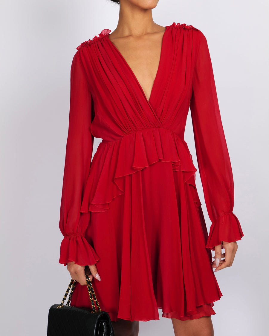 Giambattista Valli Red Silk Long-Sleeved Mini Dress with Ruffle Details Size IT 42 (UK 10)
