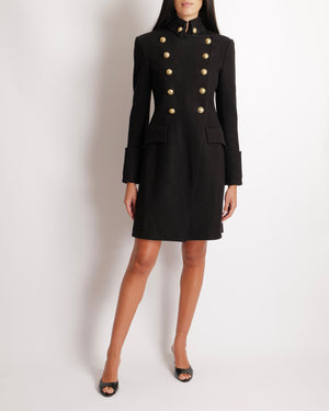 Balmain Black Wool Double Breasted Coat with Gold Buttons Size FR 38 (UK 10)