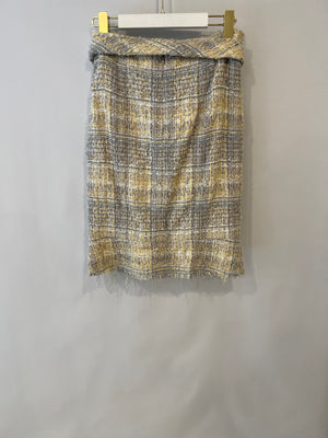 Chanel Yellow & Grey Tweed Midi Skirt with Pockets and Belt Size FR 38 (UK 10)