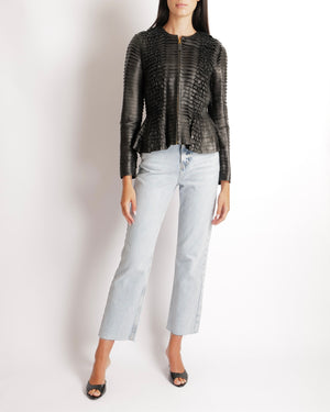 Gucci Black Leather Tiered Long-Sleeved Jacket with Ruffle Details and Gold Zipper Size IT 40 (UK 8)