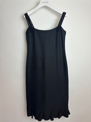 Valentino Boutique Black Sleeveless Midi Dress with Beaded Strap Details and Ruffles Size IT 40 (UK 8)