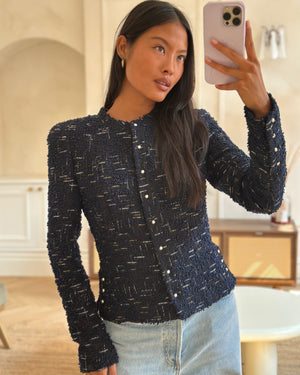 Chanel 04/P Navy Collarless Tweed Jacket with Pearl Button Detail Size FR 38 (UK 10)