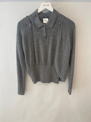 Chanel 08A Grey Two Piece Cashmere Detachable Top and Cardigan Set with Silver Metallic Details Size FR 40 (UK 12)