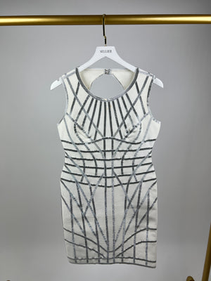 Herve Leger White and Silver Bandage Dress with Back Cut-out Detail Size L (UK 12 - 14)