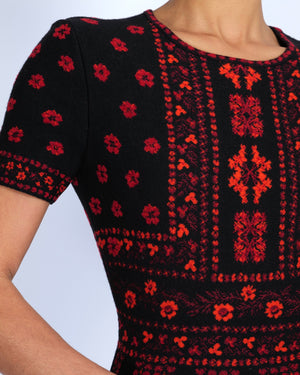 Alexander McQueen Black and Red Short-Sleeved Mini Dress with Flower Prints Size IT 42 (UK 10)