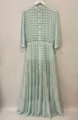 Like Yana Pastel Blue Vichy Long-Sleeve Layered Maxi Dress Size S (UK 8)