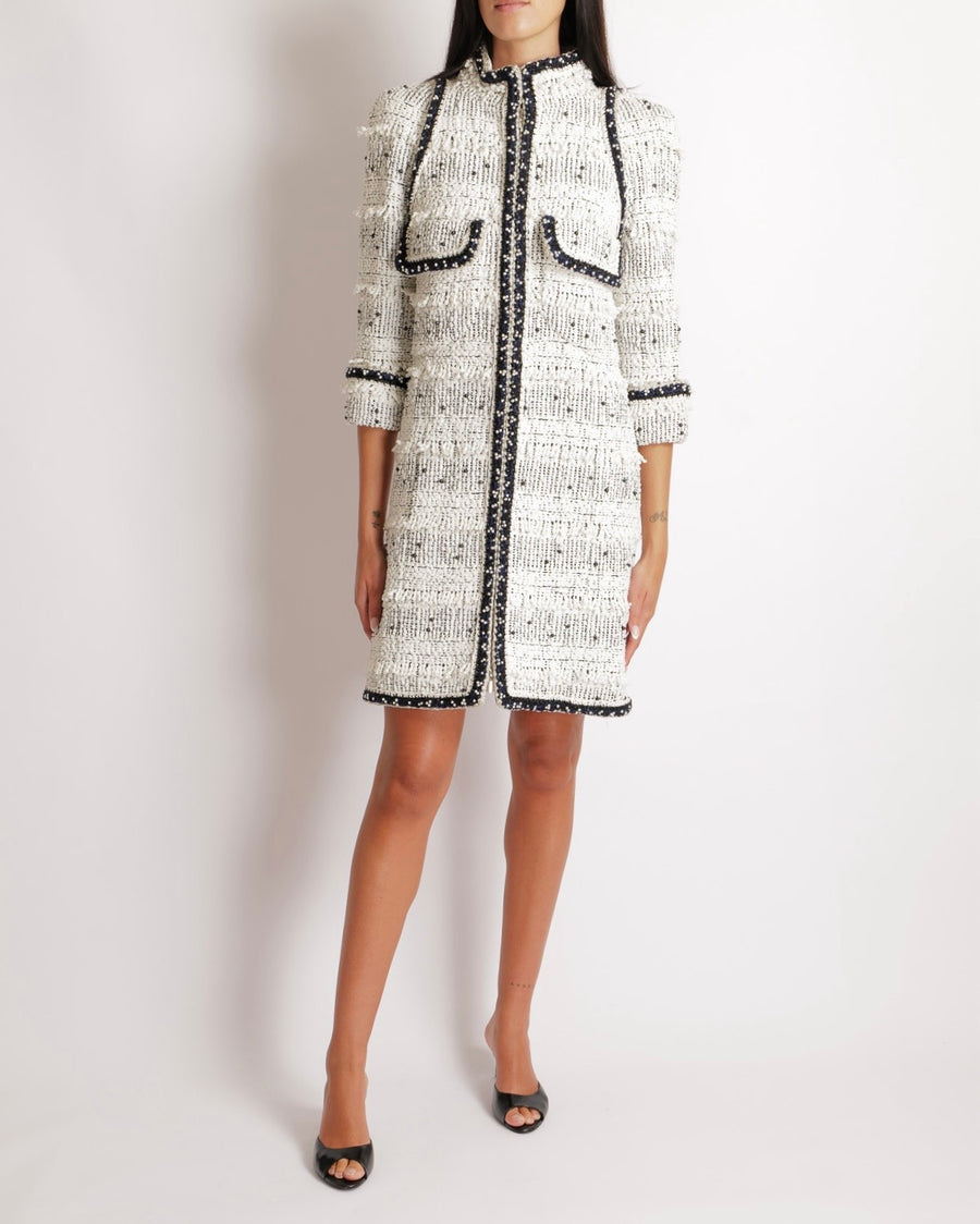Chanel Fall 2017 White and Black Tweed Long Jacket with Black and White Pearl Embellishments and Front Pocket Details Size FR 36 (UK 8)