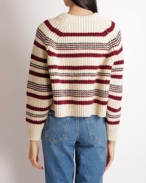 Céline Cream, Burgundy and Green Knit Wool Jumper with Triomphe Logo Detail Size FR 36 (UK 8) RRP £1,550
