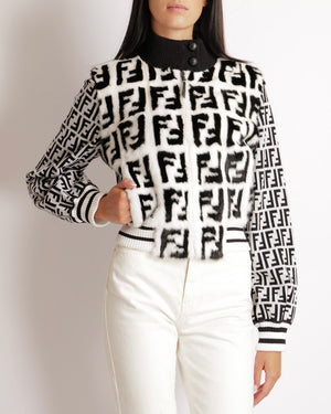 Fendi Black and White Logo Print Jacket with Mink Fur Front Insert and Black Logo Buttons Size IT 42 (UK 10) RRP £6,500