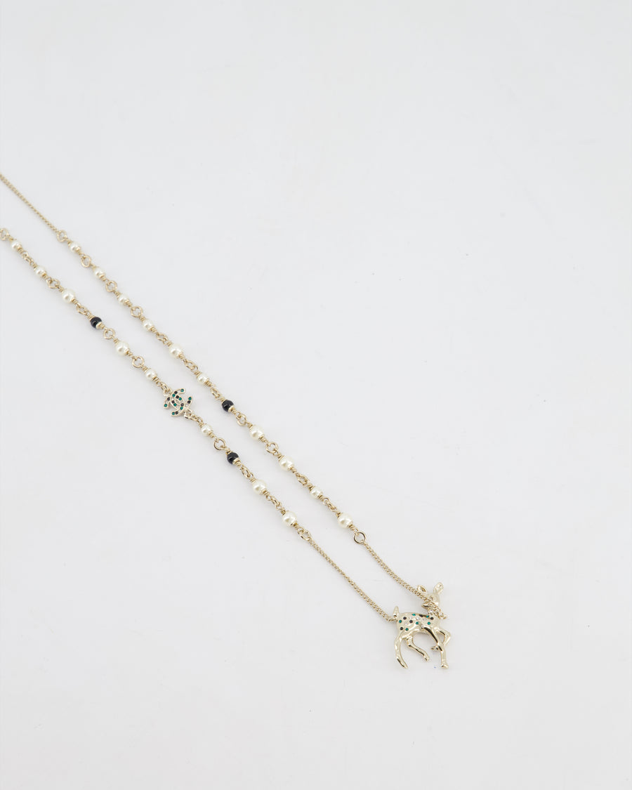 Chanel Champagne Gold CC Pearl Necklace with Bambi Pendant