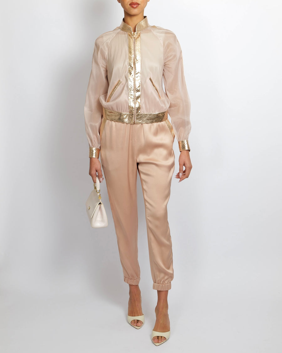 Ralph & Russo Blush Pink Jacket and Silk Trouser Set with Rose Gold Metallic Snake Trims Size IT 36/38 (UK 6/8)