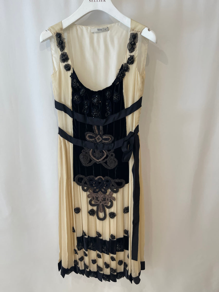 Prada Cream Silk Long Pleated Dress with Black Velvet and Crystal Details Size IT 40 (UK 8)