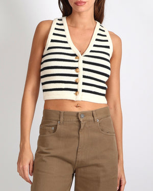 Celine Black and Ecru Striped Wool Sleeveless Vest Top with Gold Buttons Size XS (UK 6)