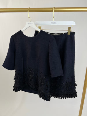Marni Navy Two Piece Tweed Top and Skirt Set with Tassel Embellished Detail IT 40/42 (UK 8/10)