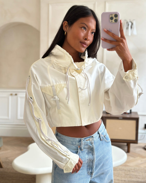 Hermès White and Ivory Cropped Oversize Jacket with String and Pocket Detail Size FR 38 (UK 10)