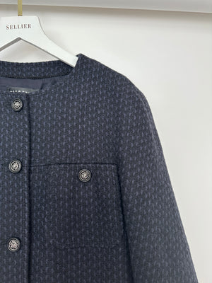 Chanel Black and Navy Tweed 3/4 Sleeve Dress with Pockets and Gunmetal Lion Button Details FR 36 (UK 8)