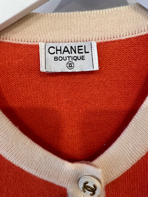 Chanel Vintage Coral and Cream Cashmere Cardigan with CC Logo Buttons Size FR 38/40 (UK 10/12)