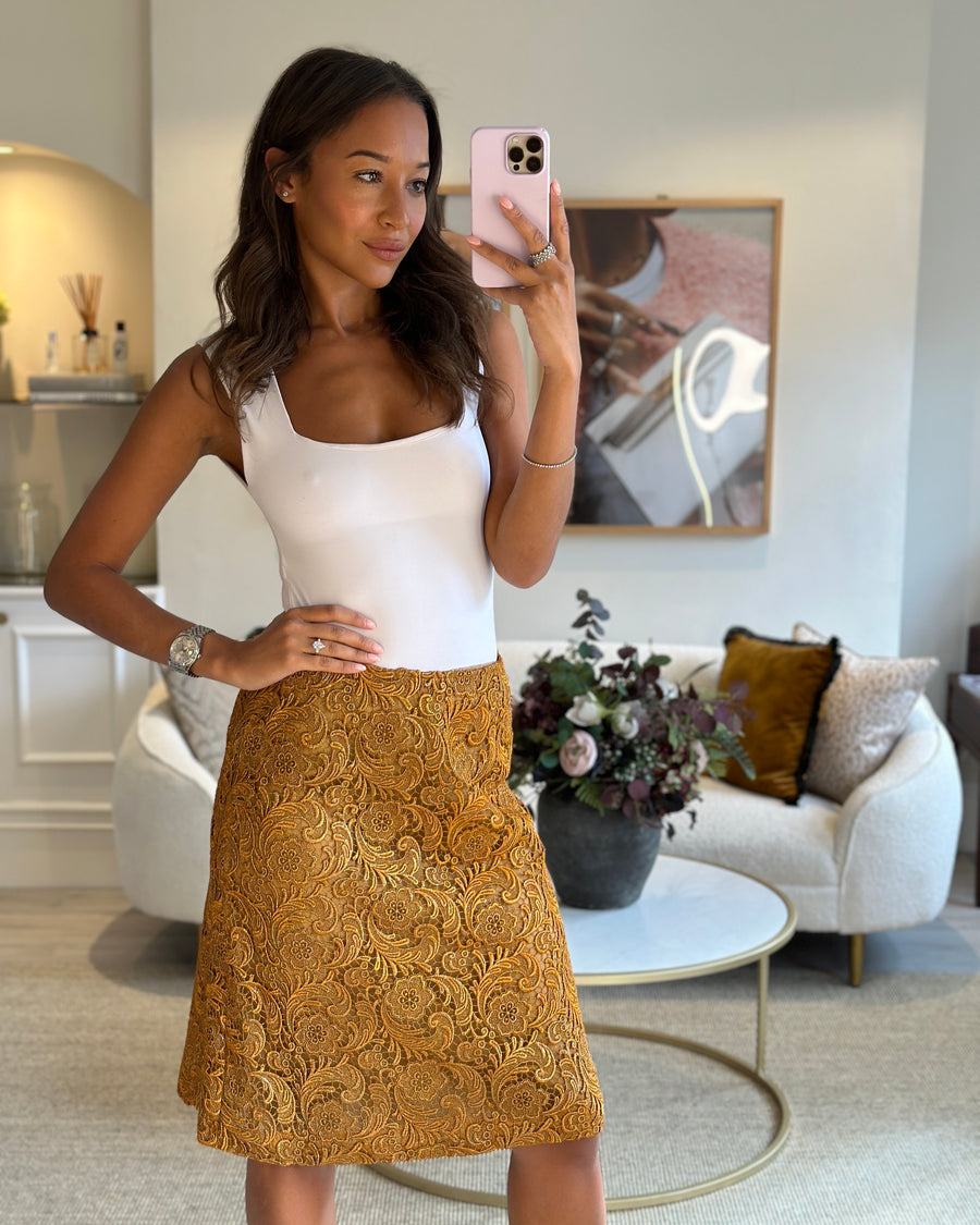 Prada Metallic Gold Floral Print Lace A-Line Skirt Size IT 42 (UK 10)