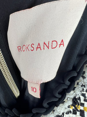 Roksanda Tweed Black, White with Yellow Detail Sleeveless Draped Maxi Dress Size UK 10