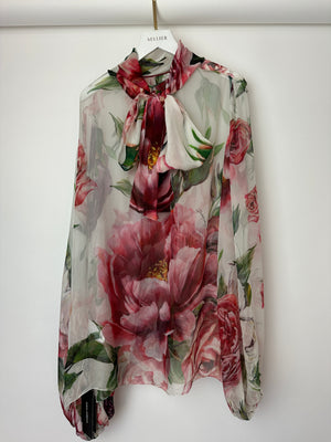 Dolce & Gabbana Blush Green, Pink and Purple Floral Sheer Silk Blouse with Bow Neckline Size IT 44 (UK 12)