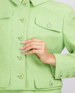 Chanel Vintage 98P Green Wool Jacket and Skirt Set with Green and Gold CC Logo Buttons Size FR 42 (UK 14)