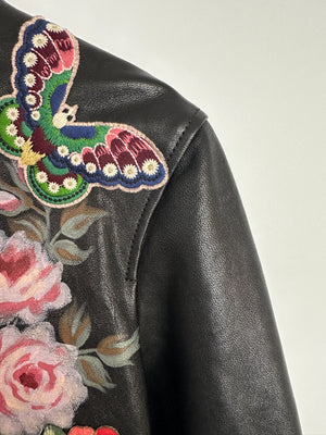 Gucci Black, Red and Navy Lambskin Leather Jacket with Flower Prints & Bees Embroidery Details Size IT 40 (UK 8)