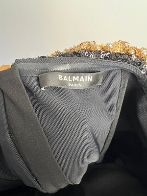 Balmain Black and Gold Sequin Mini Dress with Buttons Details Size UK 8 RRP £4,400