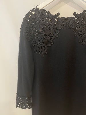 Ermanno Scervino Black Cashmere Long-Sleeve Dress with Crochet Details Size IT 42 (UK 10)