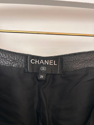 Chanel Black Skinny Pleated Leather Trousers with CC Weaved Button Detail Size UK 4-6