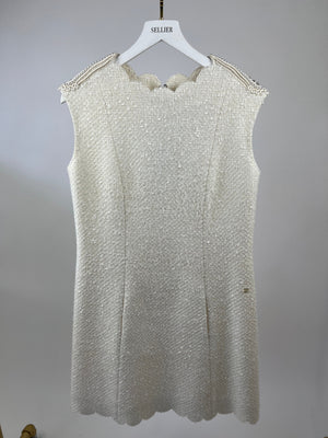 *HOT* Chanel 20K Ivory Tweed Sleeveless Dress with Pearl & Crystal Shoulder Detail FR 42 (UK 14) RRP £6590