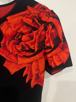 Alexander McQueen Black Short-Sleeve Dress with Red Floral Prints Size IT 40 (UK 8)