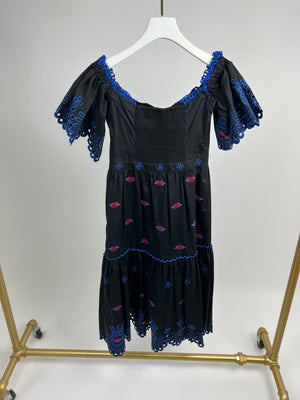 Temperley Black and Electric Blue Midi Ruffle Dress with Lips Embroidery Detail Size UK 10