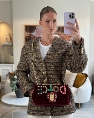 Dolce & Gabbana Burgundy Velvet Lucia Bag with Embellishments and Gold Hardware
