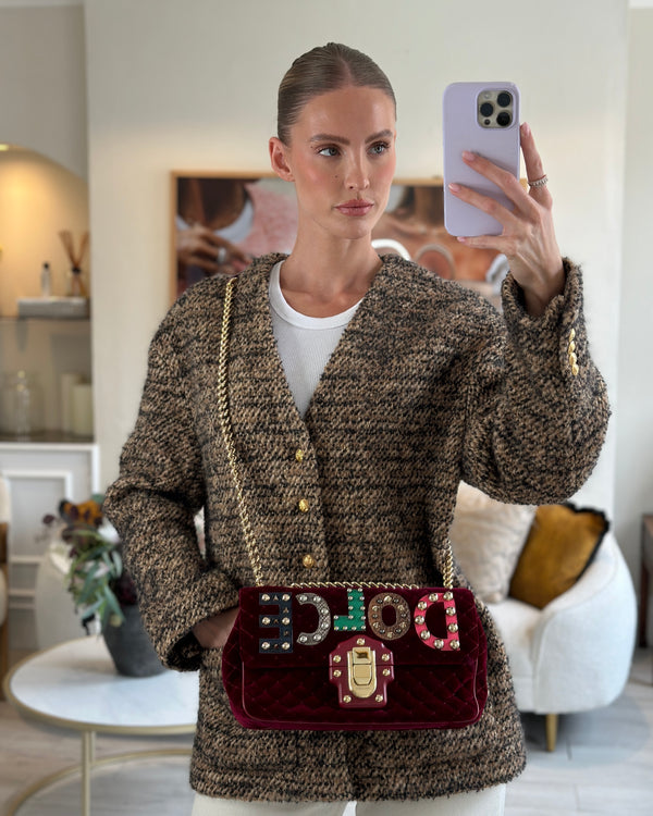 Dolce & Gabbana Burgundy Velvet Lucia Bag with Embellishments and Gold Hardware