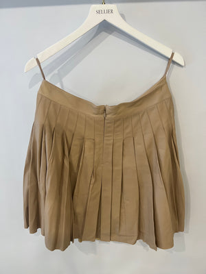 Chanel 05A Beige Leather Pleated Mini Skirt with Gold CC Logo Detail Size FR 42 (UK 14)