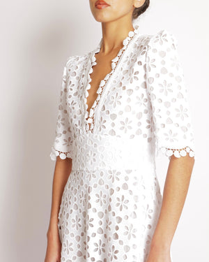 Elie Saab White Macrame Lace Midi Dress with V-Neck Detail Size FR 38 (UK 10)