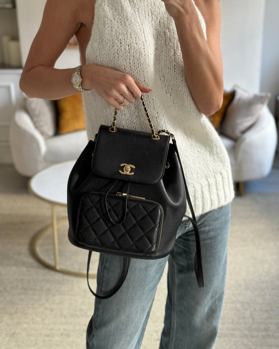 Black Chanel CC Caviar Leather Backpack Bag with Champagne Gold