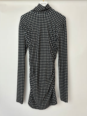 Norma Kamali Black and beige Houndstooth Ruched Long Sleeve Mini Dress Size S (UK 8)