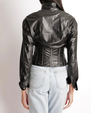 Chanel Black Distressed Leather Jacket with Silver Zippers Stitch Details and Silver Textured CC Logo Buttons Size FR 36 (UK 8)