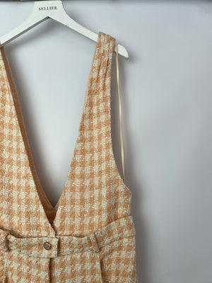 *RUNWAY* Chanel 23S Peach Cream Tweed Check V-Neck Jumpsuit with Patel Pink CC Button Size FR 36 (UK 8)