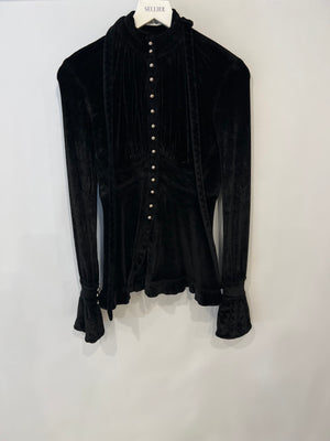Paco Rabanne Black Velvet Long-Sleeve Top with Tie Detail and Silver Buttons Size FR 36 (UK 8)